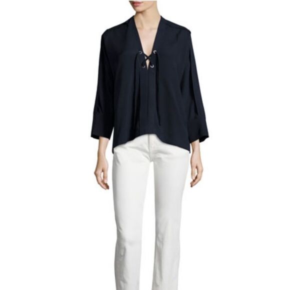 IRO Alis Lace Up Tie Front V-Neck Blouse Top 38 / 6 Navy Boxy Flowy Minimalist - Picture 16 of 16